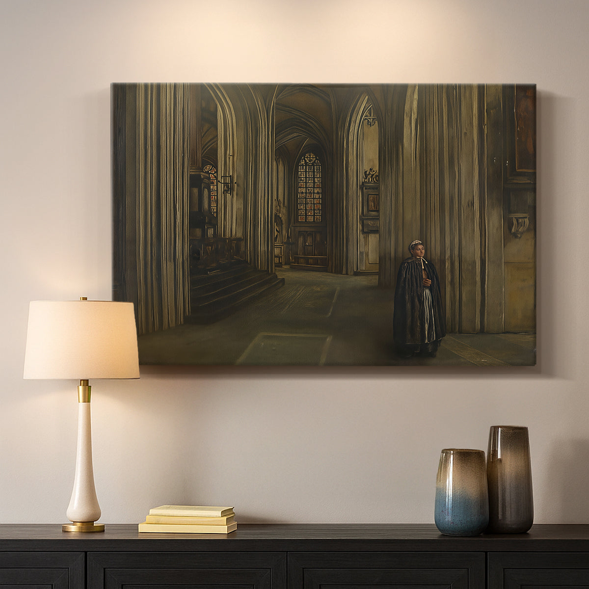 Canvas art print detailing a serene church scene emphasizing space and light, mounted in a softly lit interior space