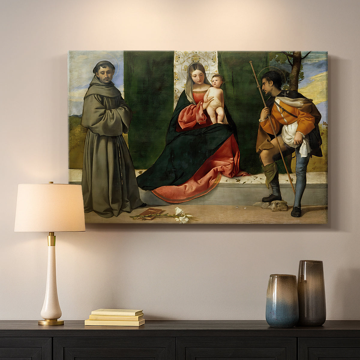 Canvas art print detailing a formal devotional scene with seated Madonna and standing holy figures, mounted in a softly lit interior space