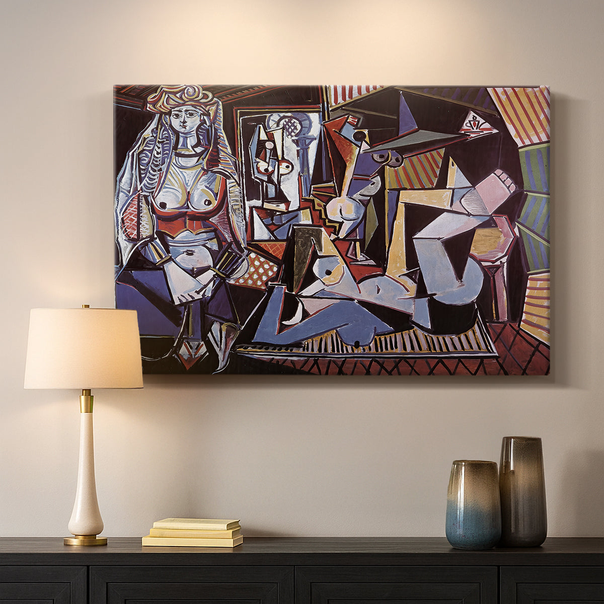 Canvas art print detailing a stylized interior with bold shapes, mounted in a softly lit interior space