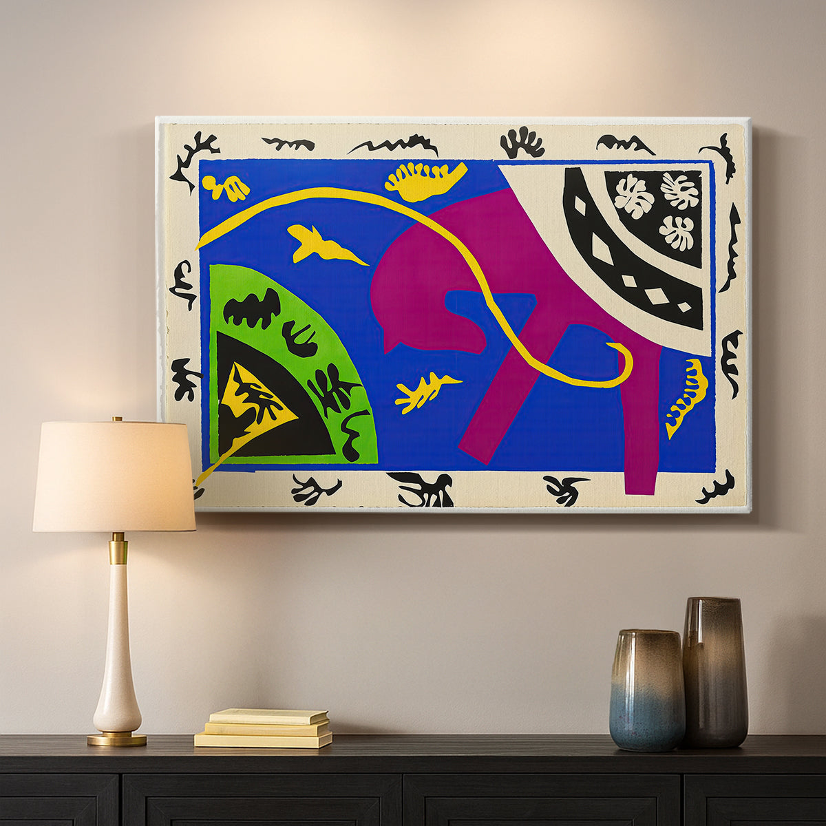 Canvas art print detailing a stylized arrangement of horse and human forms, mounted in a softly lit interior space