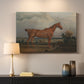 Canvas art print detailing a countryside composition with horse and rider, mounted in a softly lit interior space