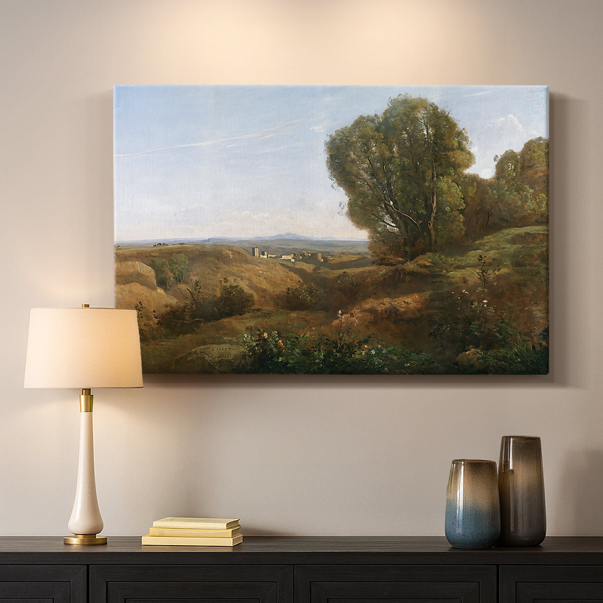 Canvas art print detailing a landscape view emphasizing calm environment, mounted in a softly lit interior space