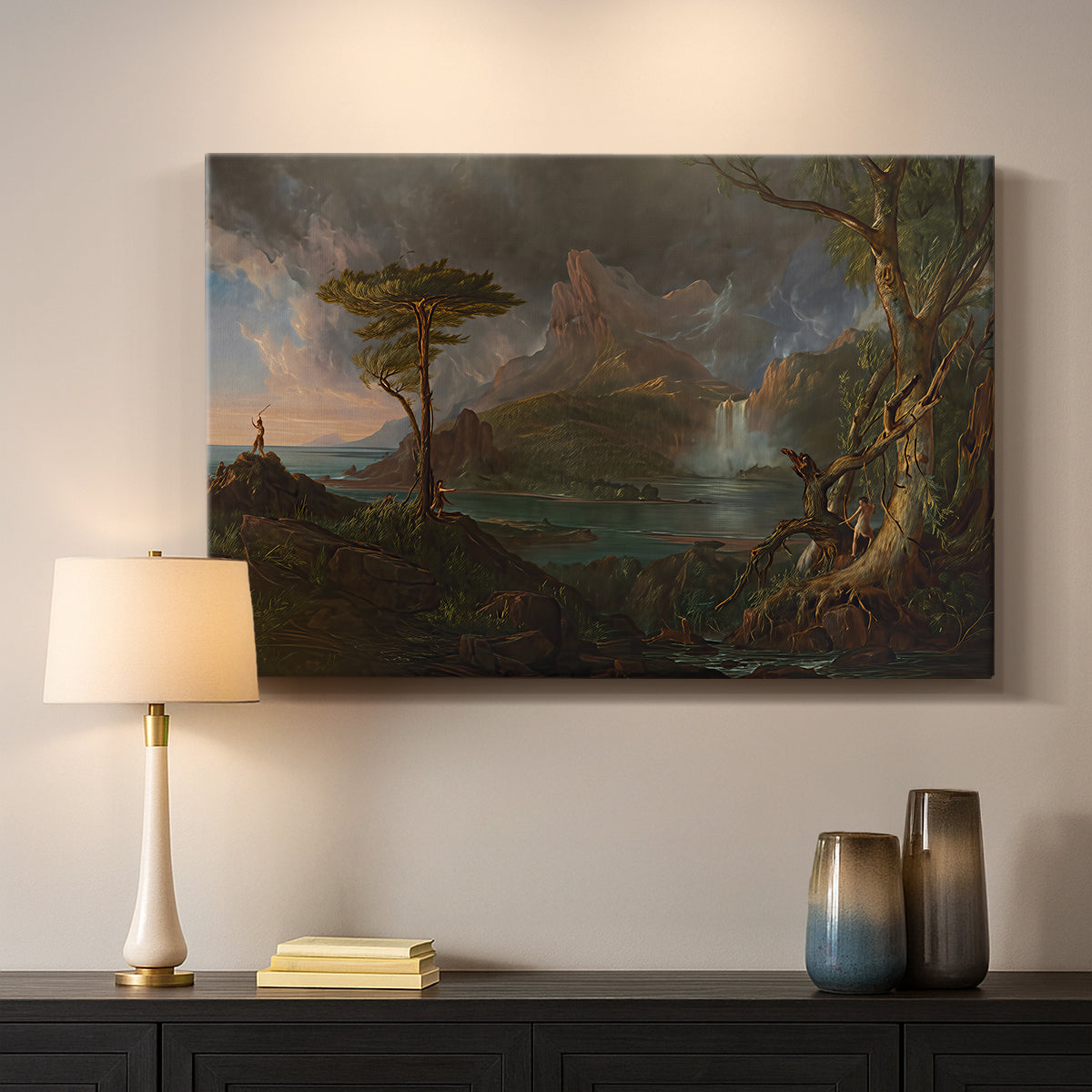 Canvas art print detailing a romantic depiction of wild terrain, mounted in a softly lit interior space