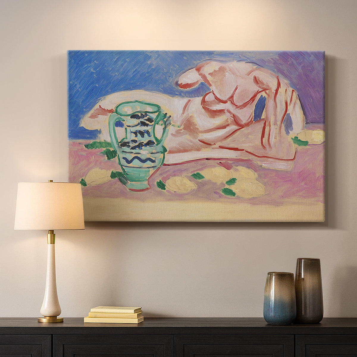 Canvas art print detailing a stylized figure study with decorative color blocks, mounted in a softly lit interior space