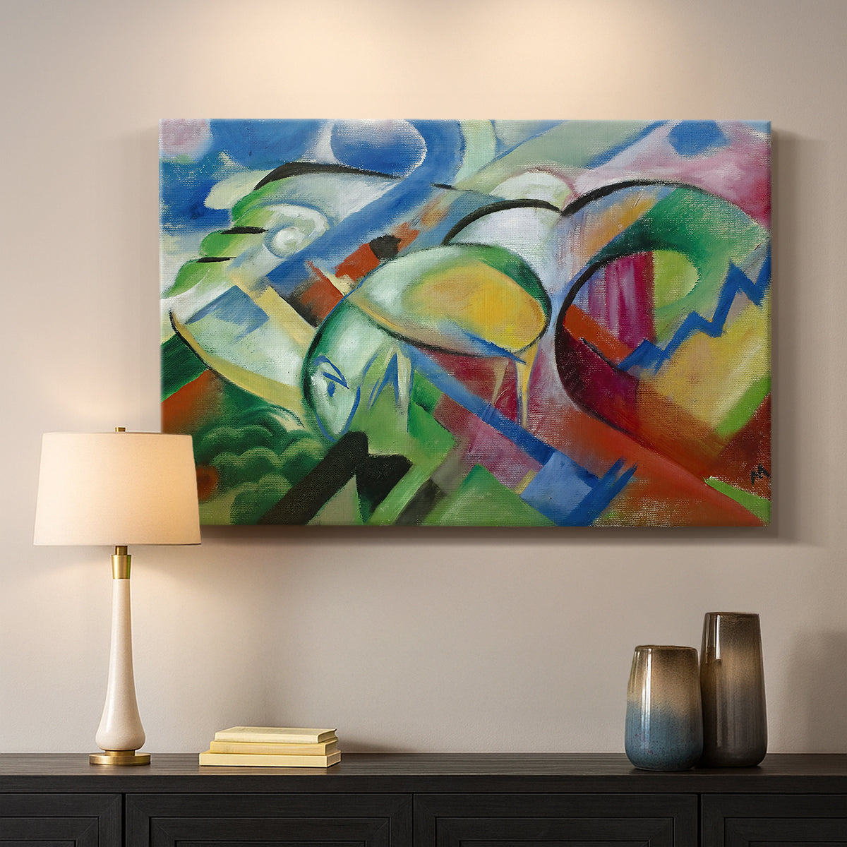 Canvas art print detailing a simplified animal forms arranged within vibrant abstract scene, mounted in a softly lit interior space