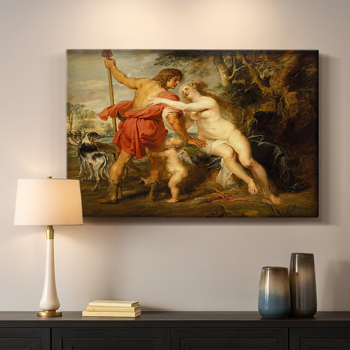 Canvas art print detailing an expressive depiction of mythological figures, mounted in a softly lit interior space