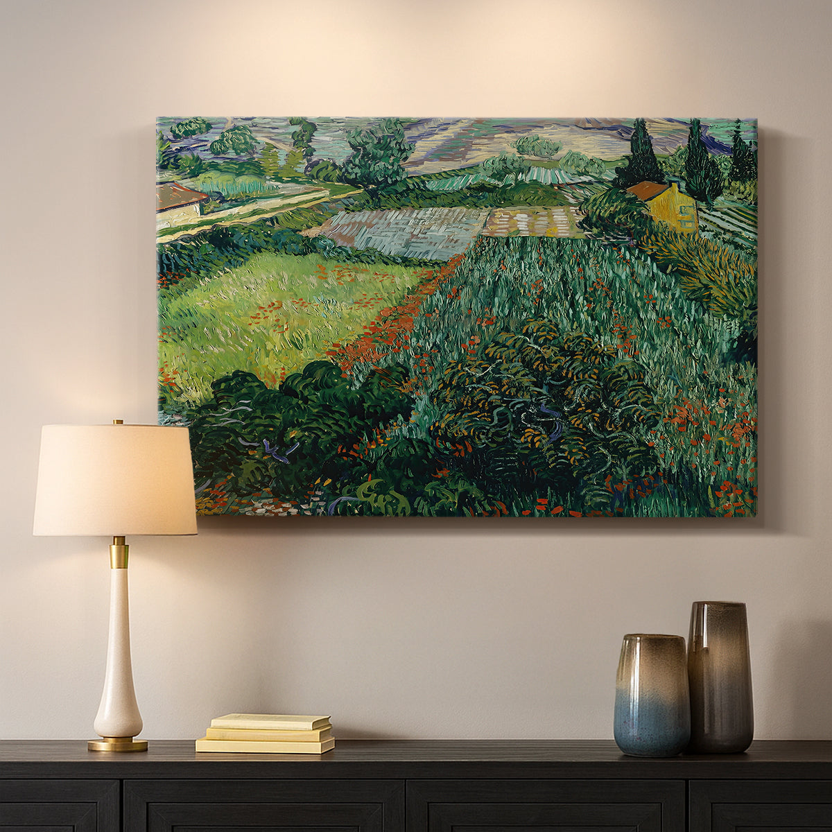 Canvas art print detailing a stylized field composition with vegetation, mounted in a softly lit interior space