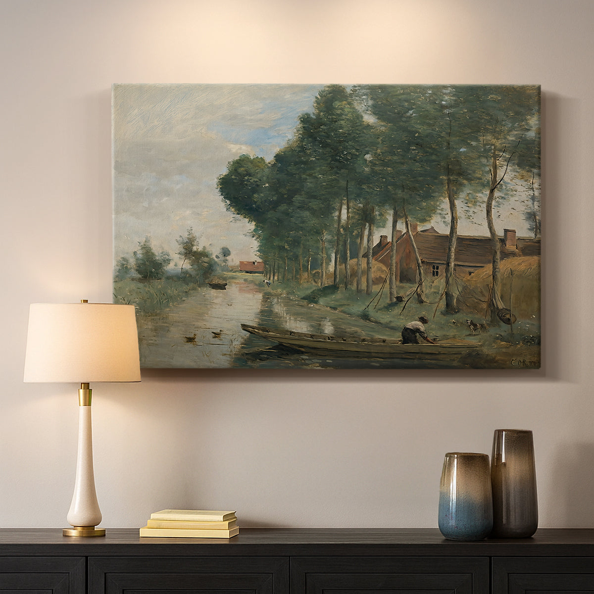 Canvas art print detailing a calm natural setting with understated tones, mounted in a softly lit interior space