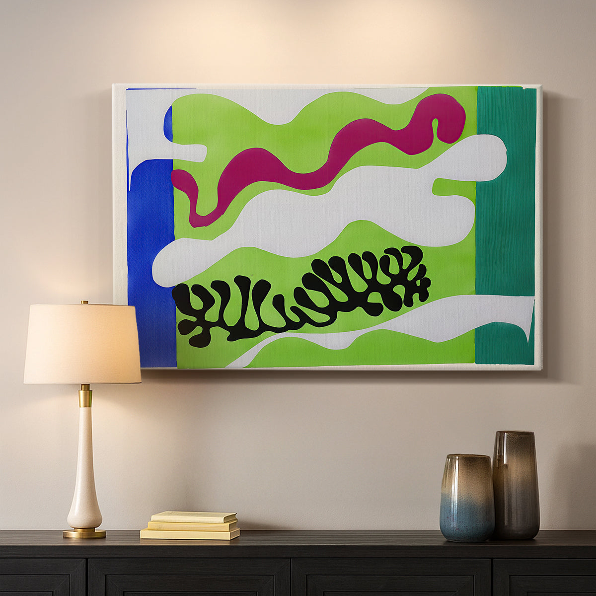 Canvas art print detailing a stylized cut-out design evoking water, mounted in a softly lit interior space