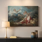 Canvas art print detailing a stylized mythological scene with reclining figure and woman, mounted in a softly lit interior space