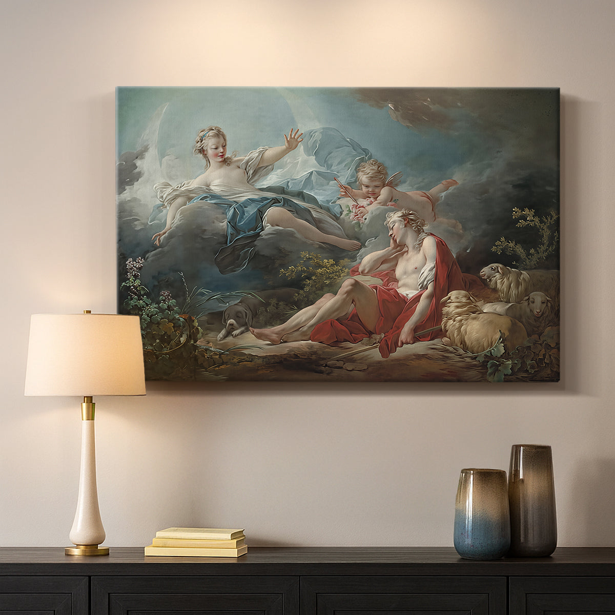 Canvas art print detailing a stylized mythological scene with reclining figure and woman, mounted in a softly lit interior space