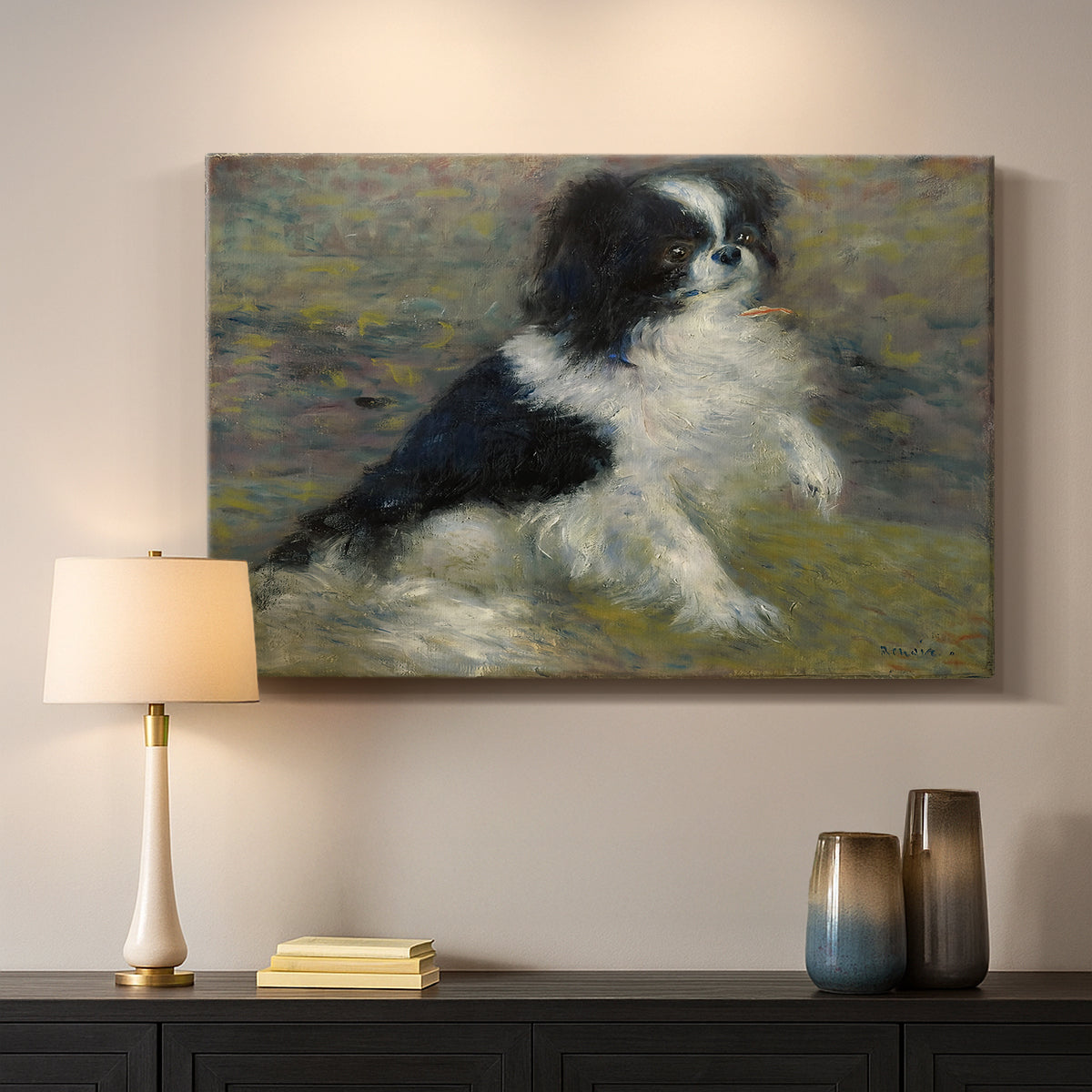 Canvas art print detailing an animal portrait of a dog in natural outdoor setting with soft light, mounted in a softly lit interior space