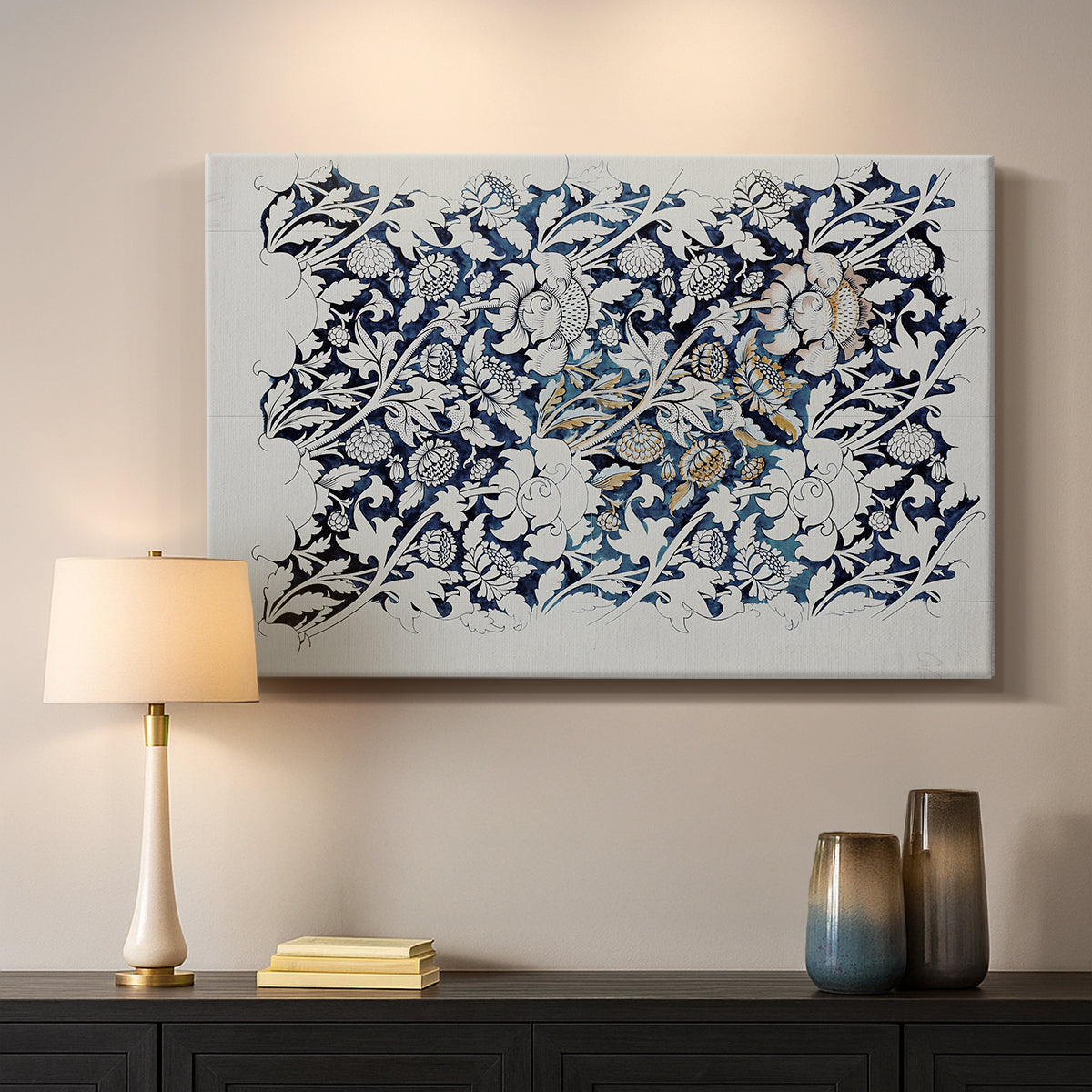 Canvas art print detailing a botanical pattern with fluid arrangement of flowers and foliage, mounted in a softly lit interior space