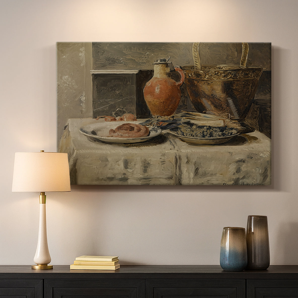 Canvas art print detailing a still life emphasizing texture and form of household items, mounted in a softly lit interior space
