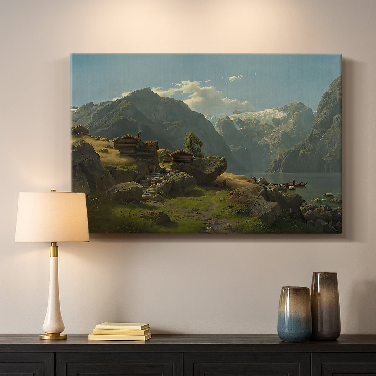 Canvas art print detailing an expansive Nordic view with shoreline and distant mountains, mounted in a softly lit interior space