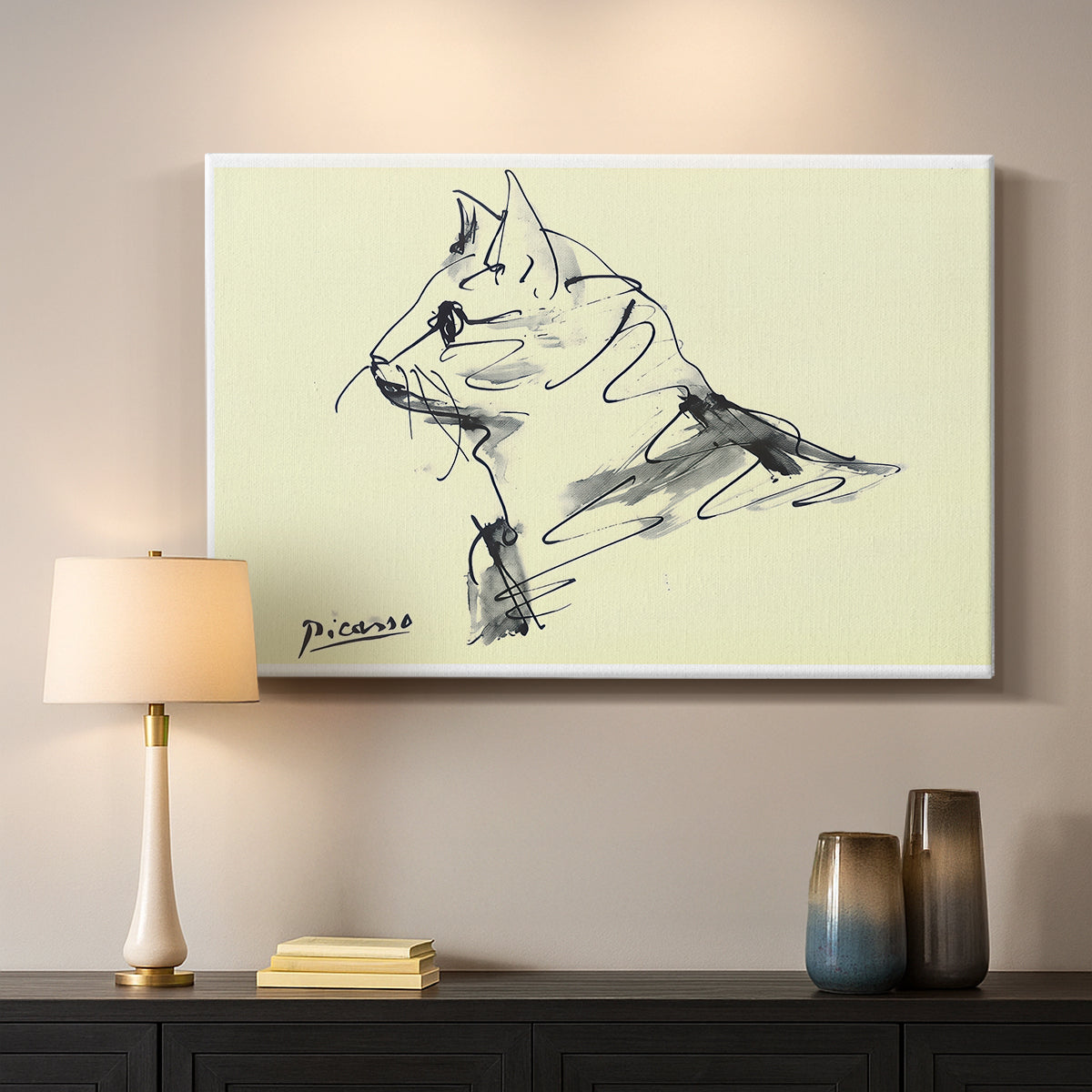 Canvas art print detailing an expressive outline drawing of basic cat form, mounted in a softly lit interior space