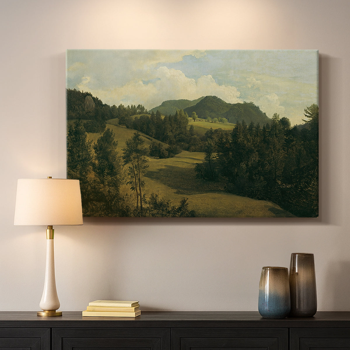 Canvas art print detailing a countryside with open space, mounted in a softly lit interior space