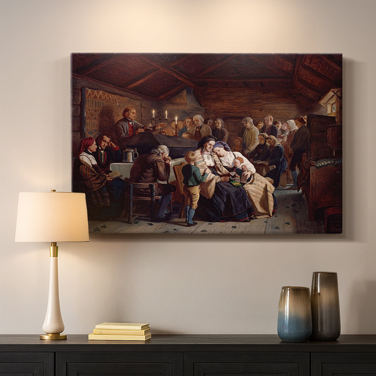 Canvas art print detailing a detailed depiction of rural community sharing a meal after a funeral, mounted in a softly lit interior space