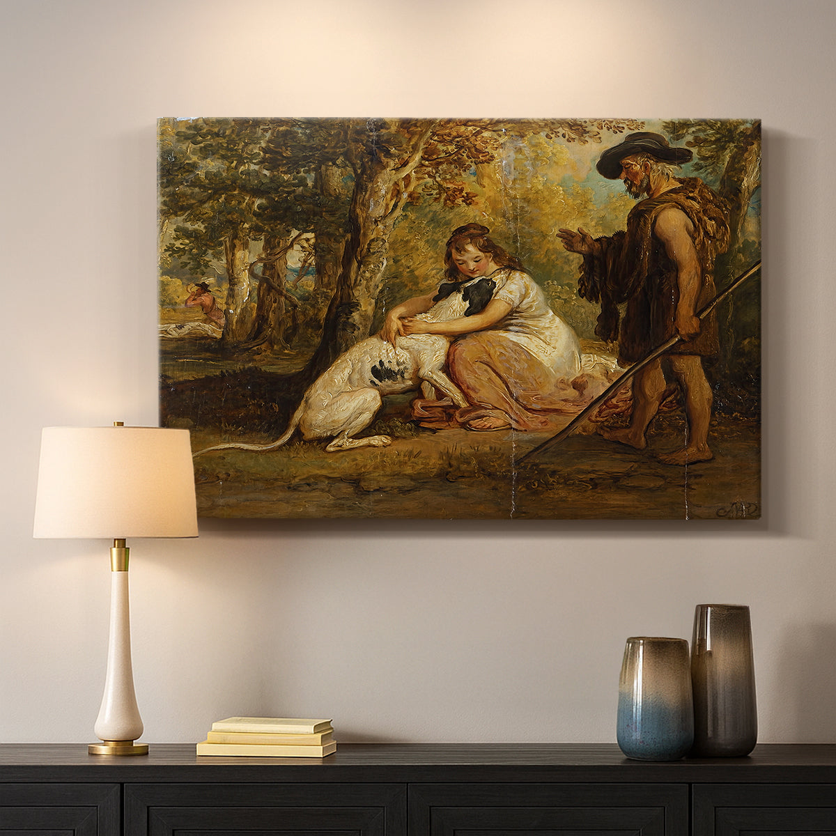 Canvas art print detailing a dynamic rural setting with animals engaged in action, mounted in a softly lit interior space