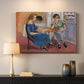 Canvas art print detailing an expressive composition of two people playing dominoes, mounted in a softly lit interior space