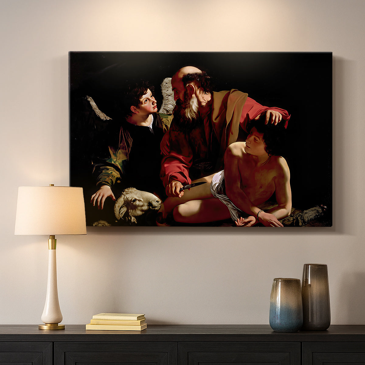 Canvas art print detailing an intense religious narrative with figures in close physical struggle, mounted in a softly lit interior space