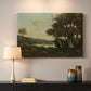 Canvas art print detailing a tranquil countryside view with soft atmospheric tones, mounted in a softly lit interior space
