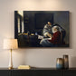 Canvas art print detailing an intimate moment of figure turning away, mounted in a softly lit interior space