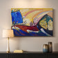 Canvas art print detailing a stylized depiction of movement using bold strokes and color, mounted in a softly lit interior space