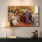 Canvas art print detailing a detailed scene with figures arranged in tiers within temple space, mounted in a softly lit interior space
