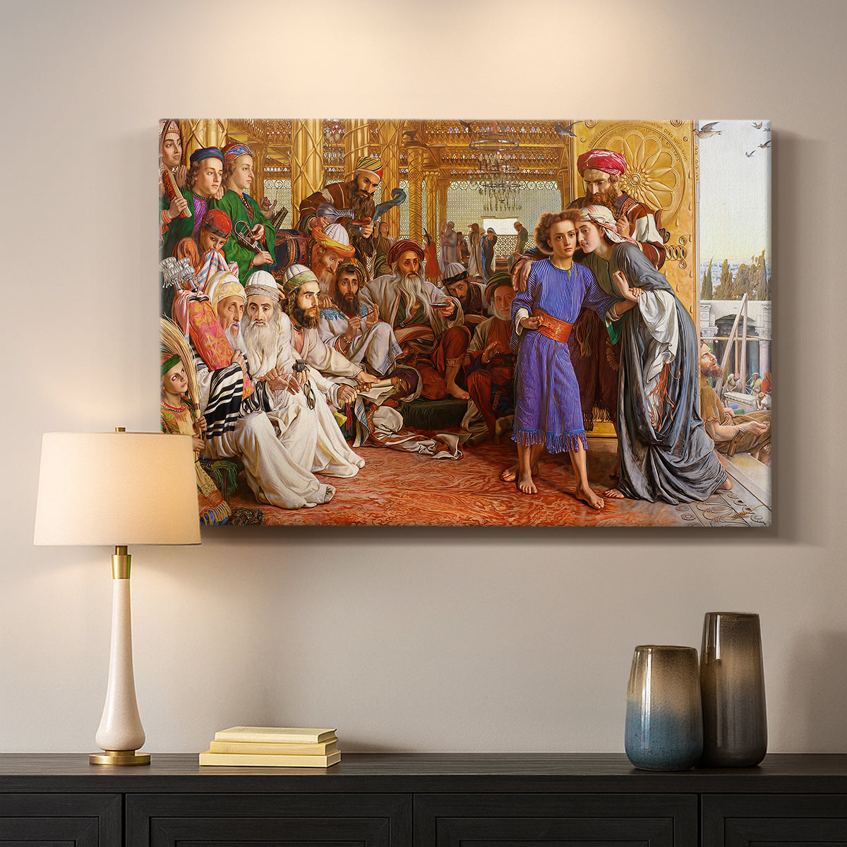 Canvas art print detailing a detailed scene with figures arranged in tiers within temple space, mounted in a softly lit interior space