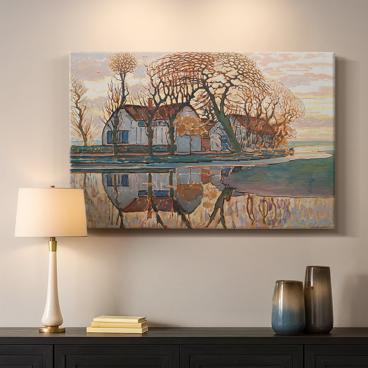 Canvas art print detailing a structured countryside with strong lines and contrast, mounted in a softly lit interior space