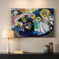 Canvas art print detailing a complex composition emphasizing color intensity and structure, mounted in a softly lit interior space