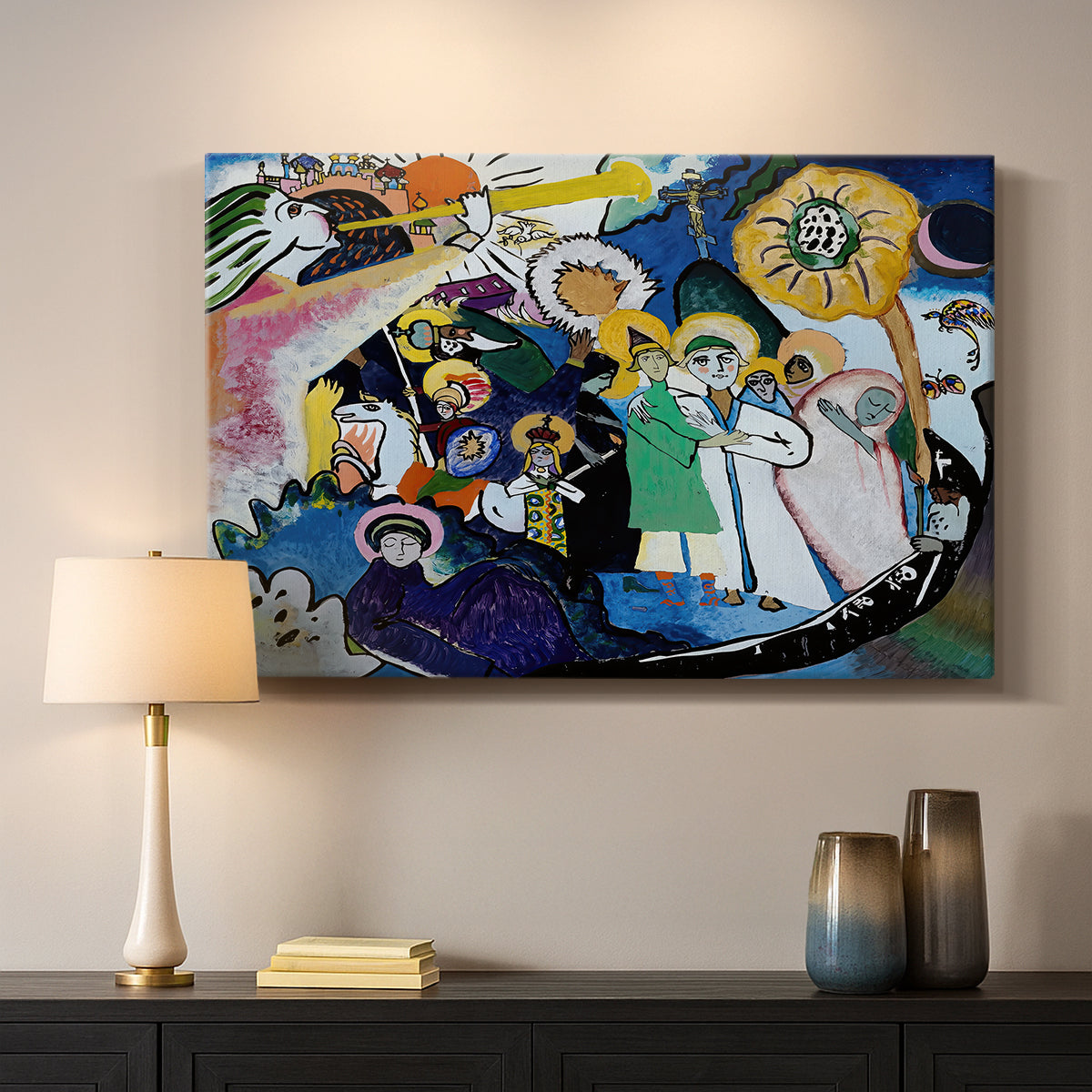 Canvas art print detailing a complex composition emphasizing color intensity and structure, mounted in a softly lit interior space