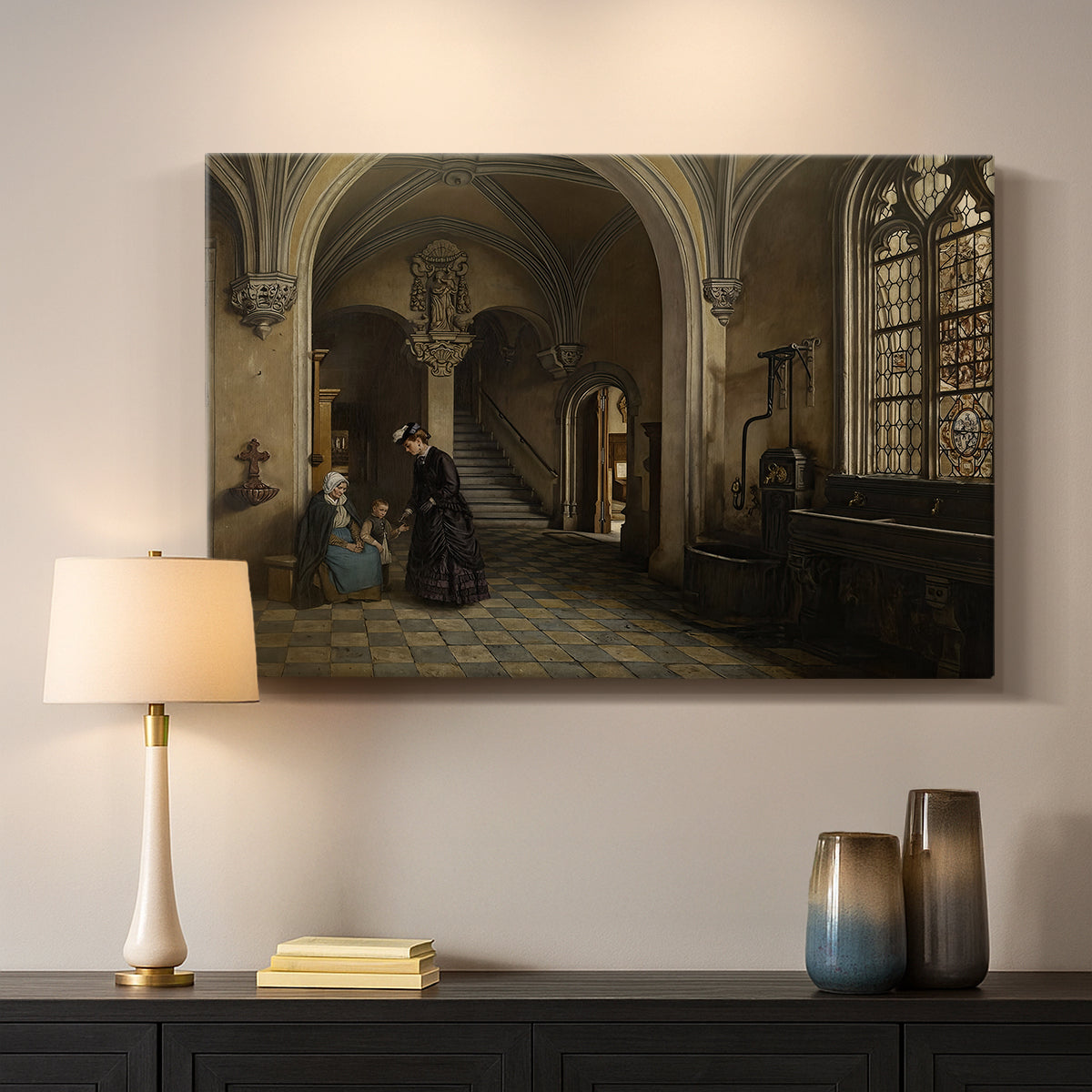 Canvas art print detailing an interior view emphasizing structure and depth of building, mounted in a softly lit interior space
