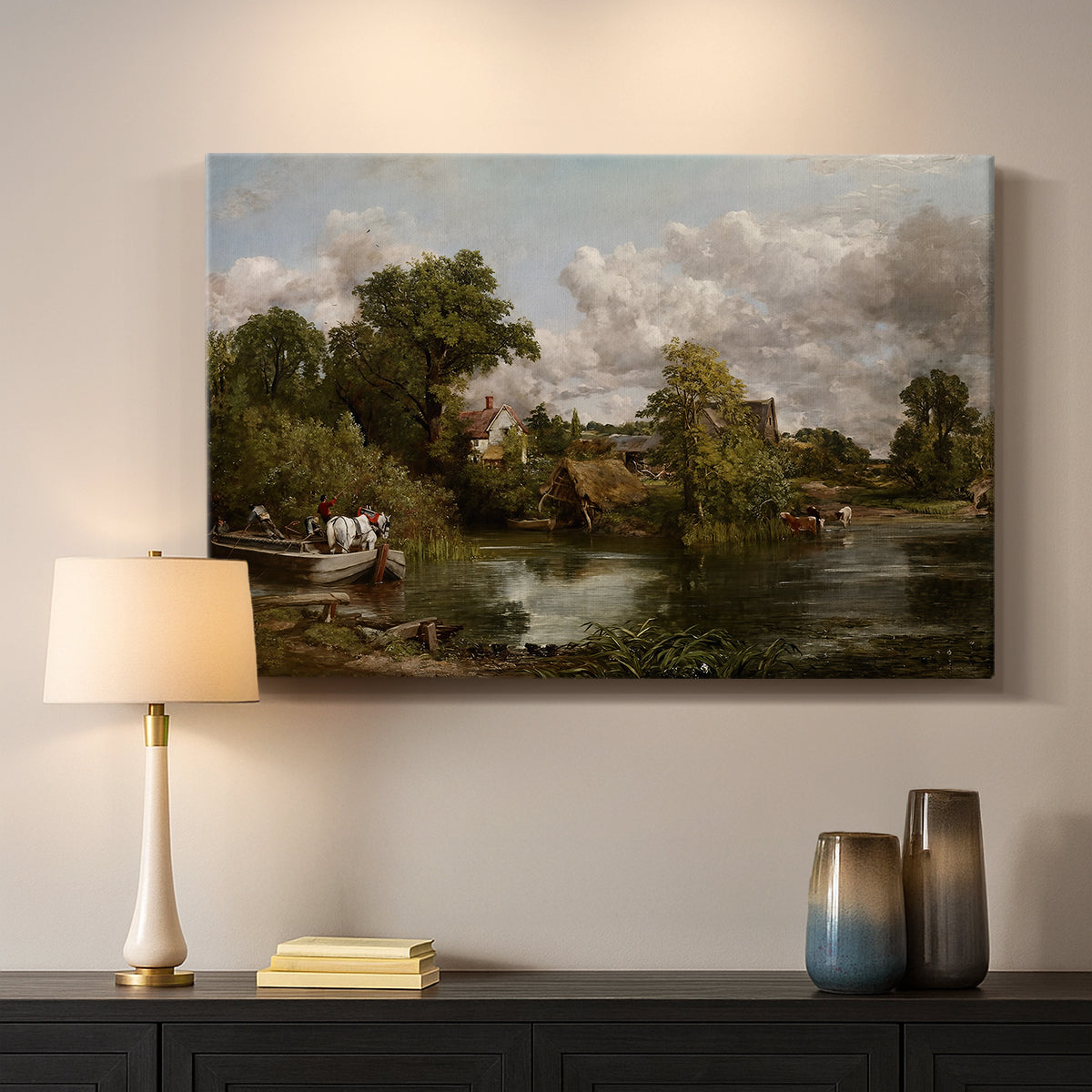 Canvas art print detailing a traditional rural composition with horse and trees, mounted in a softly lit interior space