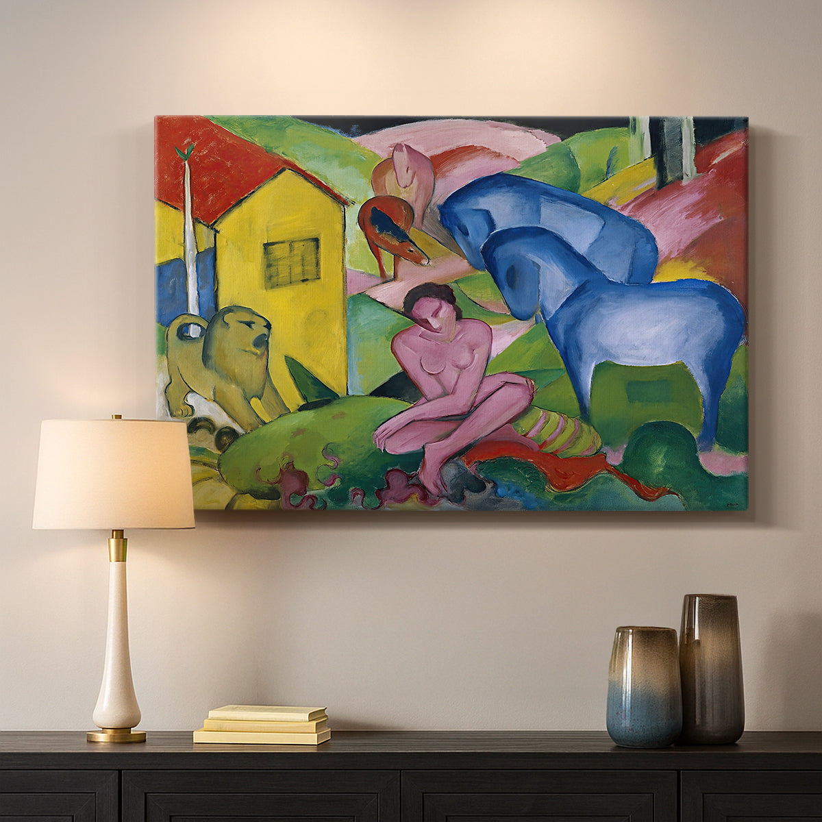 Canvas art print detailing a dreamlike abstract painting with layered shapes and color blocks, mounted in a softly lit interior space