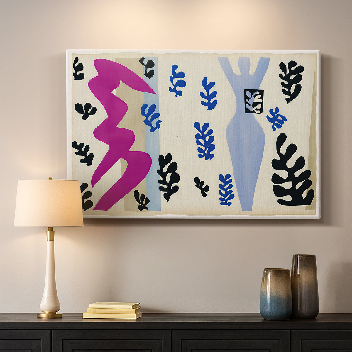 Canvas art print detailing a stylized composition evoking tension and movement, mounted in a softly lit interior space