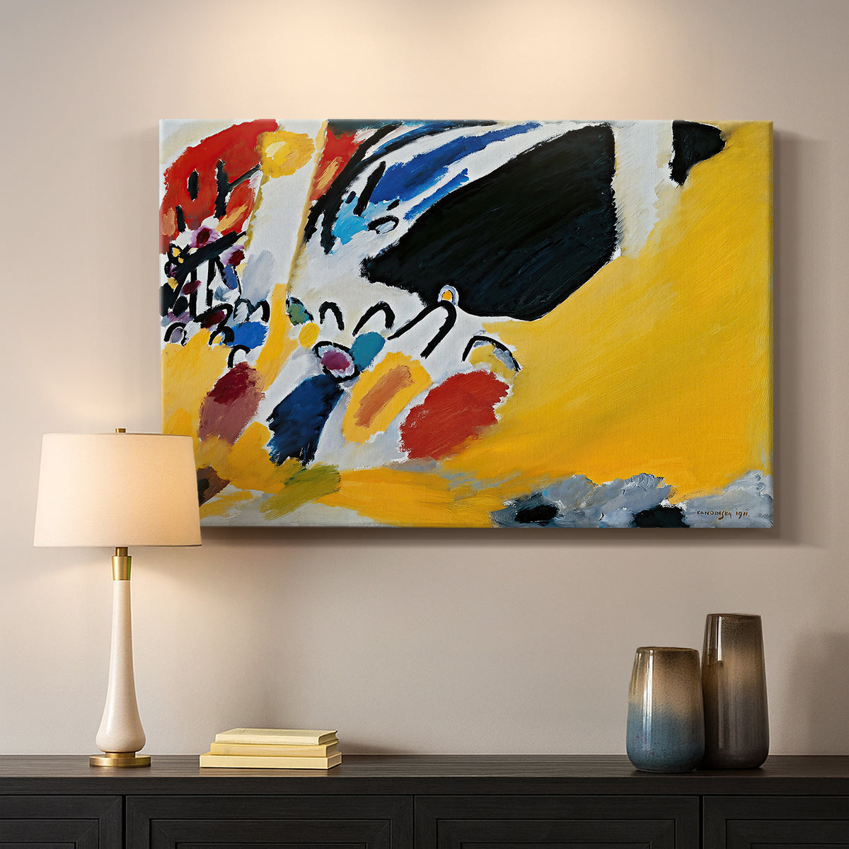 Canvas art print detailing an abstract depiction of concert atmosphere using color emphasis, mounted in a softly lit interior space