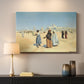 Canvas art print detailing a cultural landscape with desert foreground and historic structures, mounted in a softly lit interior space