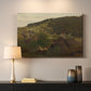 Canvas art print detailing a romantic landscape with depth and layered hills, mounted in a softly lit interior space