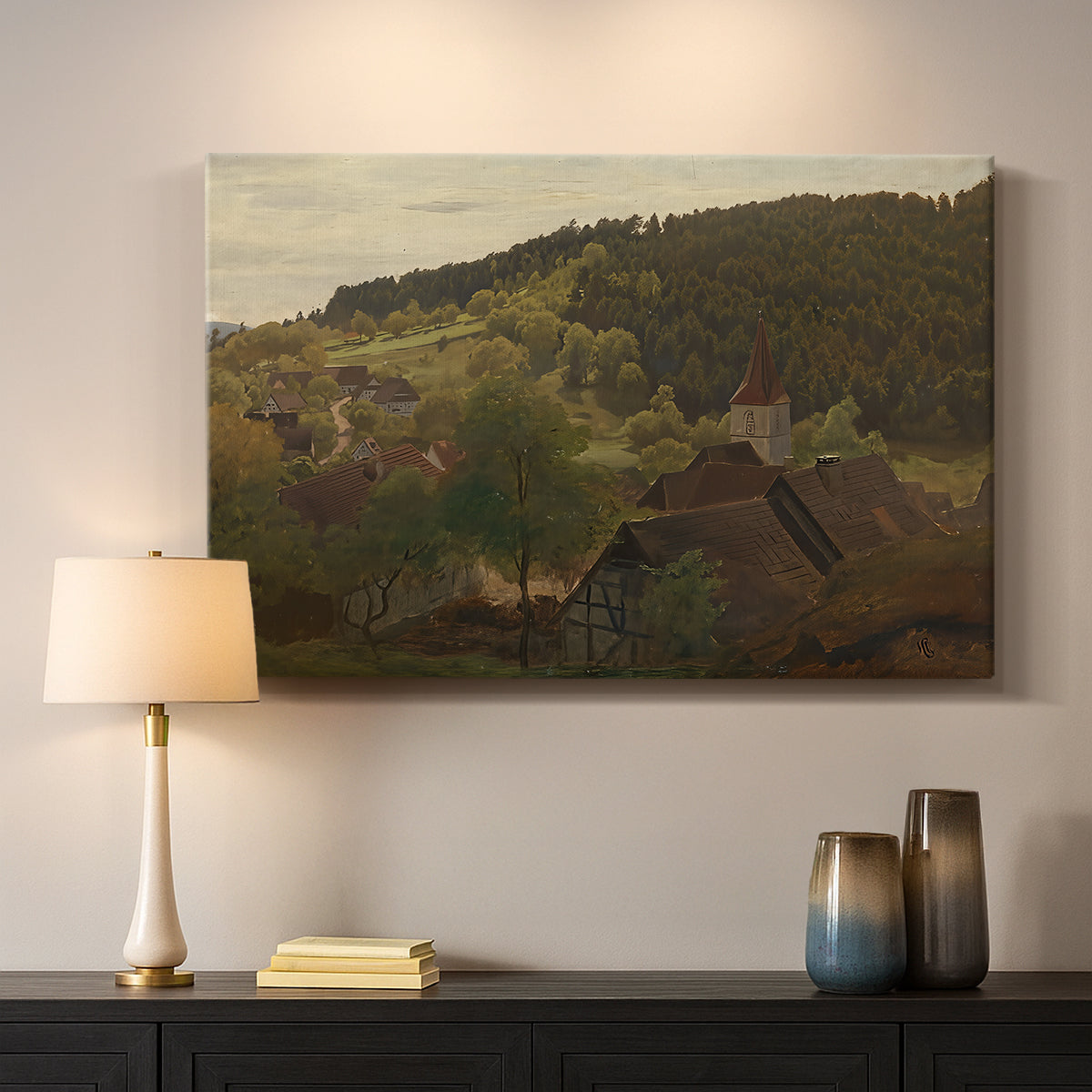 Canvas art print detailing a romantic landscape with depth and layered hills, mounted in a softly lit interior space