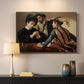 Canvas art print detailing a dramatic interior scene of gambling and trickery among figures, mounted in a softly lit interior space