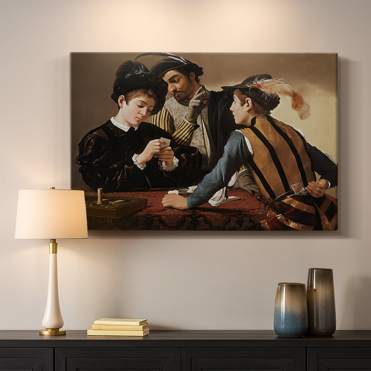 Canvas art print detailing a dramatic interior scene of gambling and trickery among figures, mounted in a softly lit interior space