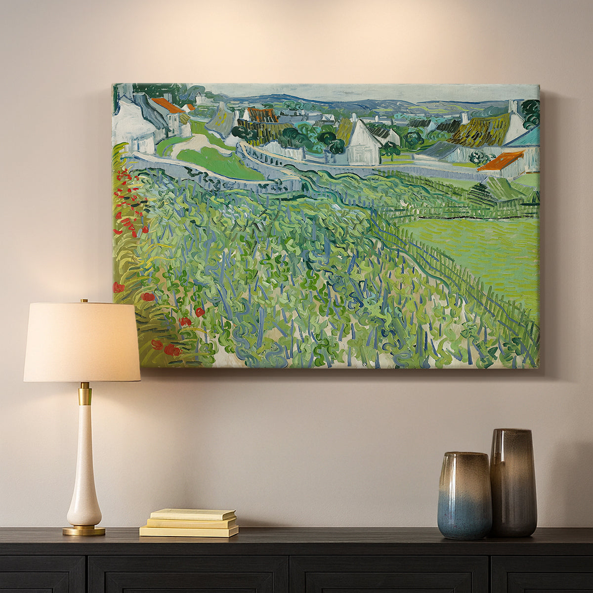 Canvas art print detailing a stylized vineyard landscape with depth, mounted in a softly lit interior space