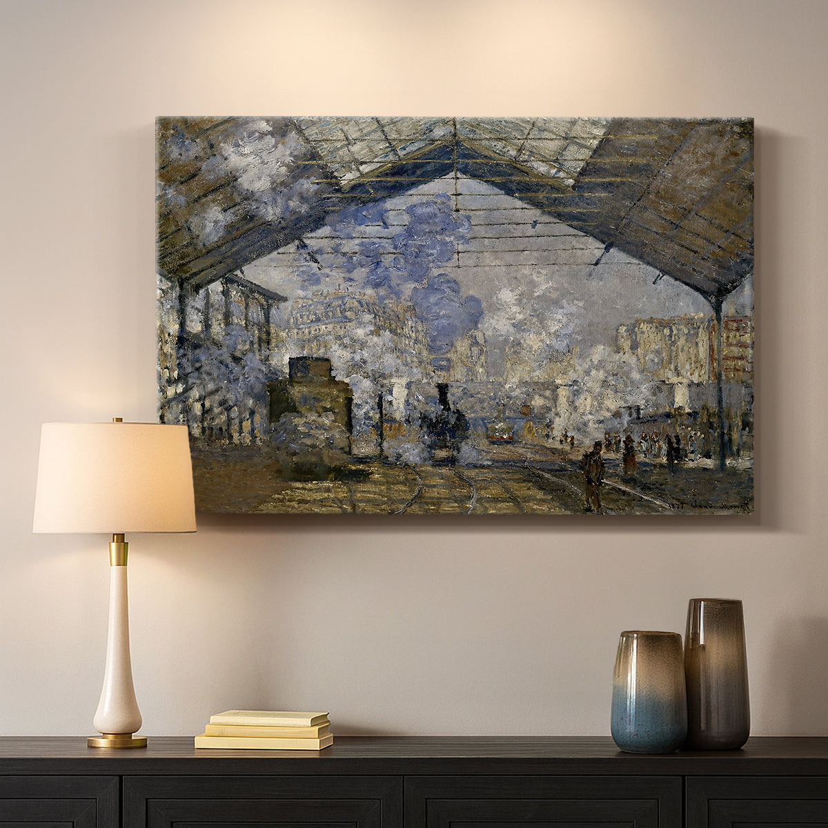 Canvas art print detailing a bustling transport hub with trains beneath glass roof, mounted in a softly lit interior space
