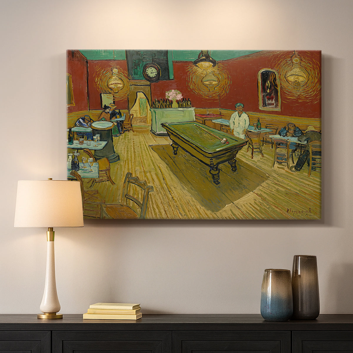 Canvas art print detailing an expressive indoor scene centered on billiard table and late-night atmosphere, mounted in a softly lit interior space