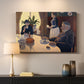 Canvas art print detailing a pointillist social gathering indoors, mounted in a softly lit interior space