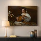 Canvas art print detailing a Baroque depiction of musician with detailed textures and lighting, mounted in a softly lit interior space