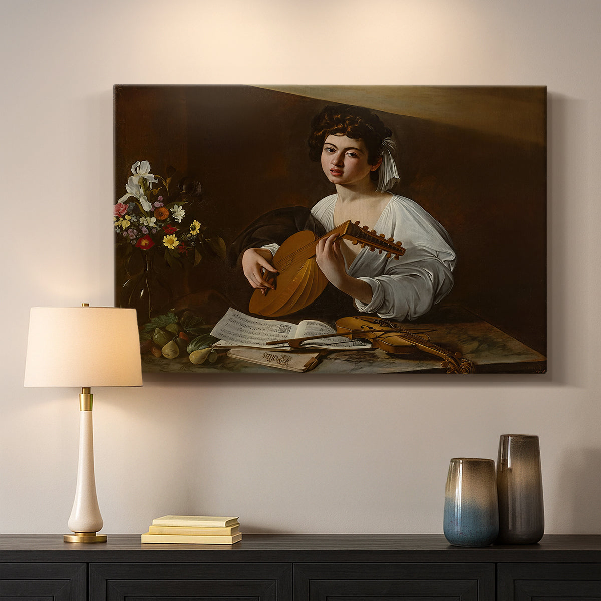 Canvas art print detailing a Baroque depiction of musician with detailed textures and lighting, mounted in a softly lit interior space