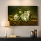 Canvas art print detailing a luminist still life with blossoms, mounted in a softly lit interior space